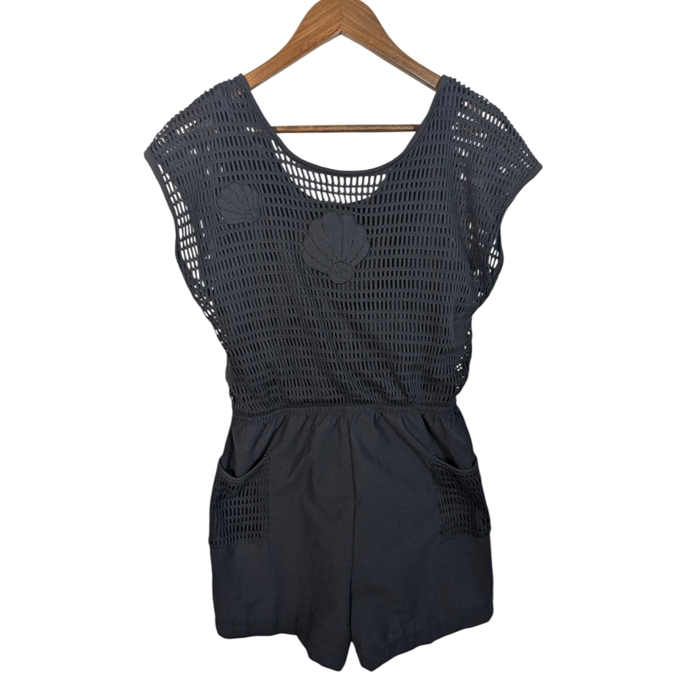 VINTAGE Bonnie Evans Rare Retro Black Crochet Seashell Detail Romper Jumpsuit